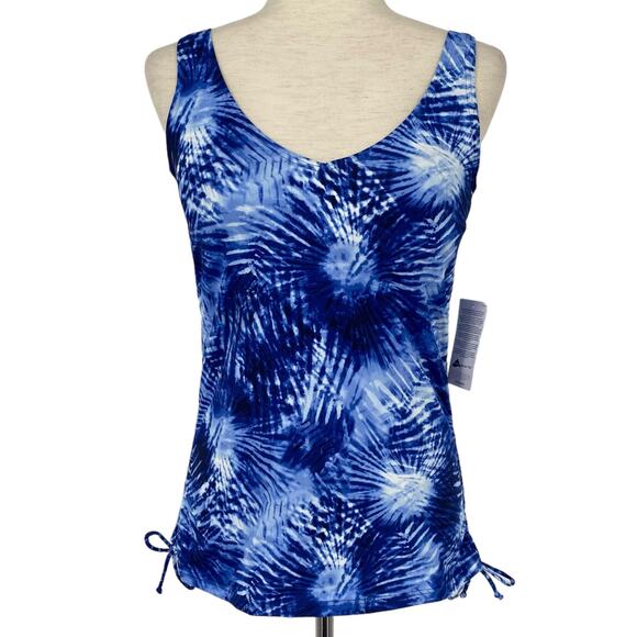 NEW LANDS END Chlorine Resistant Tie Dye Blue Cinch Waist Tankini Swim Top 2 - Picture 2 of 6